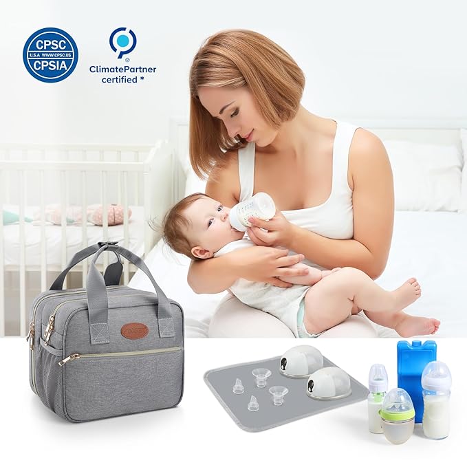 PIIOSER Breastmilk Cooler Bag with Ice Pack, Compatible with Wearable Breast Pumps & Accessories - Portable Pumps Carrying Case for Nursing & Working Moms (Grey-Small)