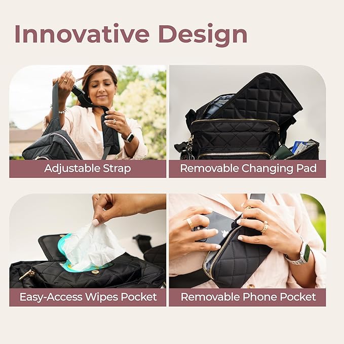 Lion & Light® Small Diaper Bag - Mini Diaper Bag with Portable Changing Pad, Fanny Pack Crossbody Bags for Baby & Toddler, Black Travel-Friendly Baby Tote with Adjustable Strap & Zippered Pockets