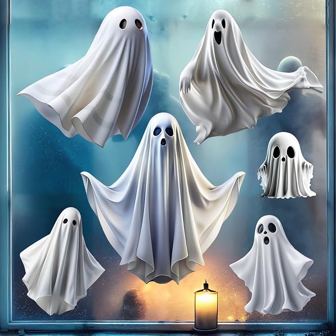 1 Sheet Halloween Ghost Window Clings for Glass Windows Cute White Little Ghost Double Sided Window Stickers Halloween Window Clings for School Home Office Decoration Party Supplies