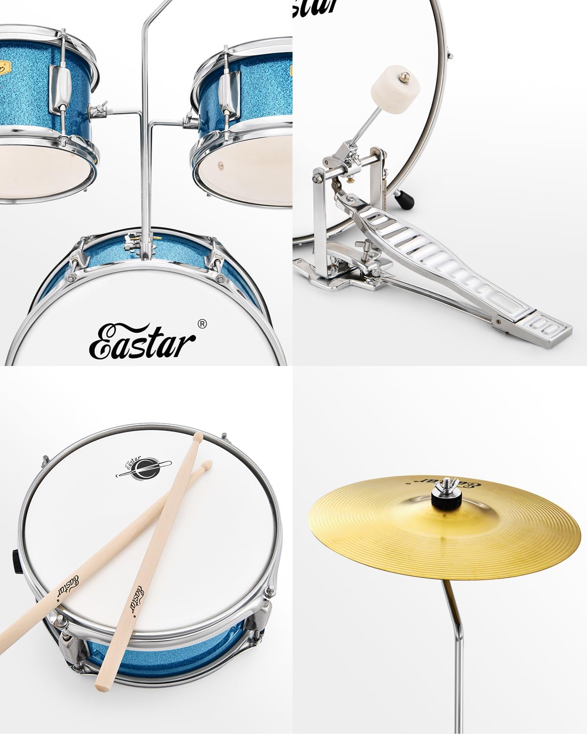 Kids Drum Set Eastar 3-Piece for Beginners, 14 inch Drum Kit with Adjustable Throne, Cymbal, Pedal & Two Pairs of Drumsticks, Junior Drum Set with Bass Tom Snare Drum, Metallic Sky Blue