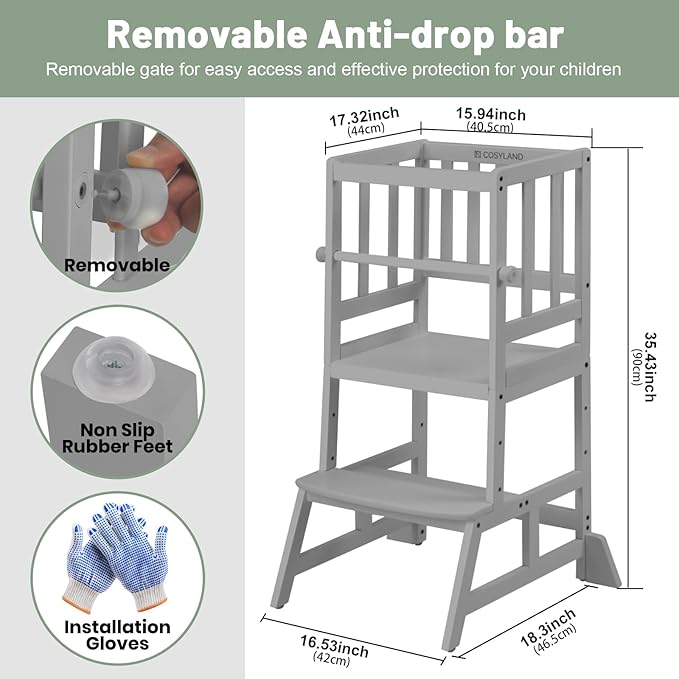 COSYLAND Toddler Standing Tower - Adjustable Height Toddler Kitchen Stool Helper - Kids Kitchen Step Stool for Learning with Removable Safety Railing Grey