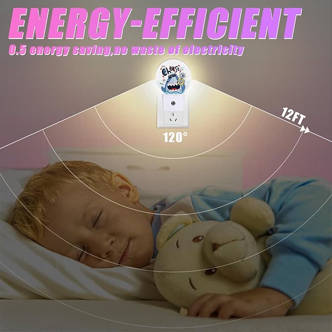 Cute Shark Night Light Ocean Animals Night Lights LED Lamp Round Plug into Wall Nightlight with Dusk to Dawn Sensor Home Hallway Stairway Kitchen Decor