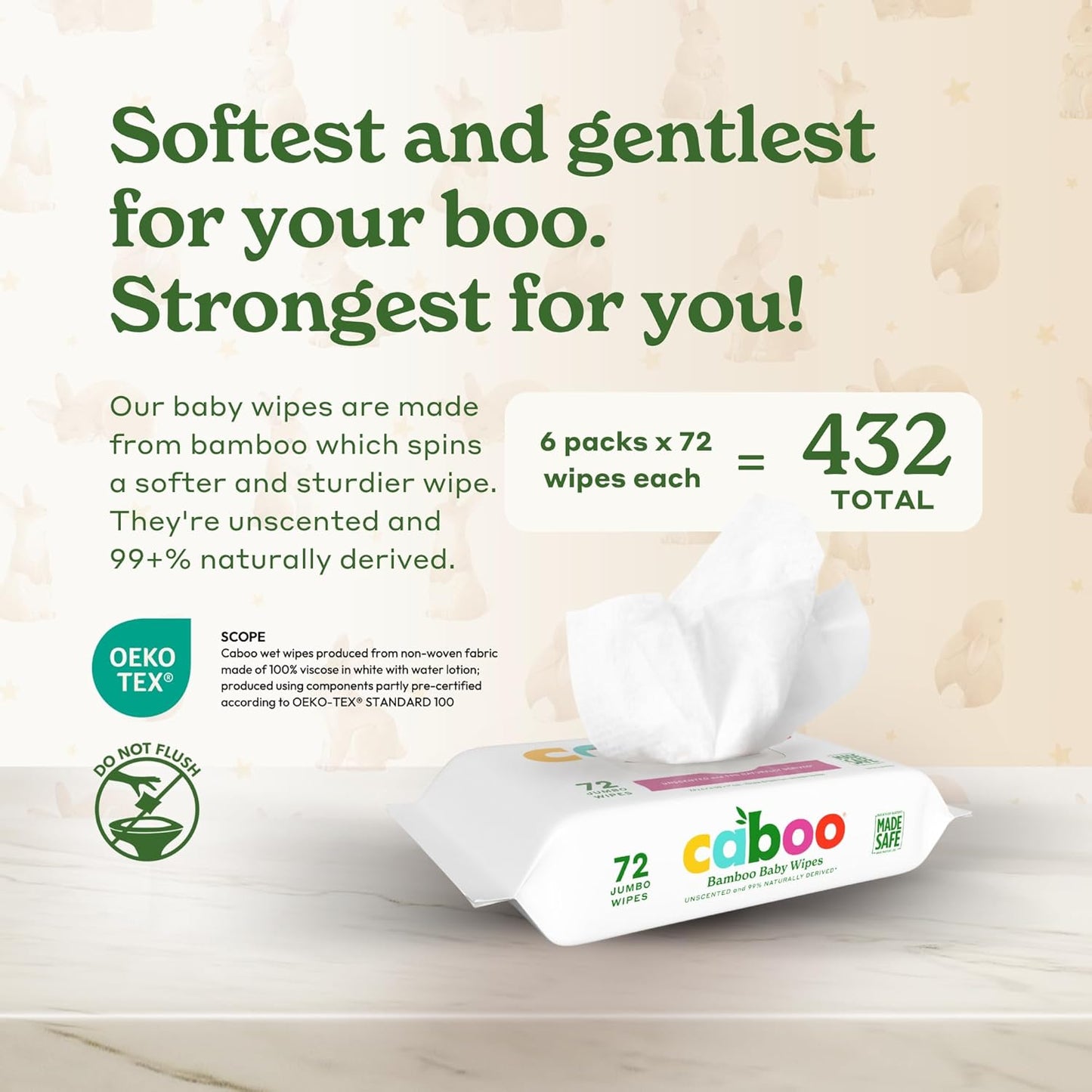 Caboo Baby Wipes, Made with Bamboo Viscose, Certified Made Safe Ingredients, Unscented Baby Wipes Good for Sensitive Skin, 72 Wipes Per Travel Pack, Total of 432 Wet Wipes