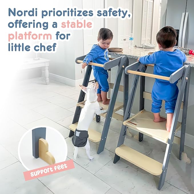 Nordi Foldable Toddler Kitchen Tower, Montessori Kitchen Stools Helper, Standing Tower with 3 Adjustable Heights, Suitable Age for 2-6 Years, Grey