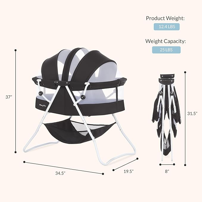 Dream On Me Karley Bassinet in Black, Lightweight Portable Baby Bassinet, Quick Fold and Easy to Carry, Adjustable Double Canopy, Indoor and Outdoor Bassinet with Large Storage Basket.