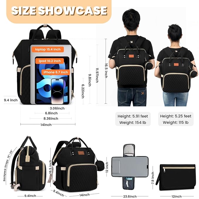 Diaper Bag Backpack with Changing Pad Pacifier Case, Baby Bag for Boy Girl Toddler - Large,Stylish, Waterproof Travel Quilted Diaper Bag for Mom - Baby Shower Gifts, Black