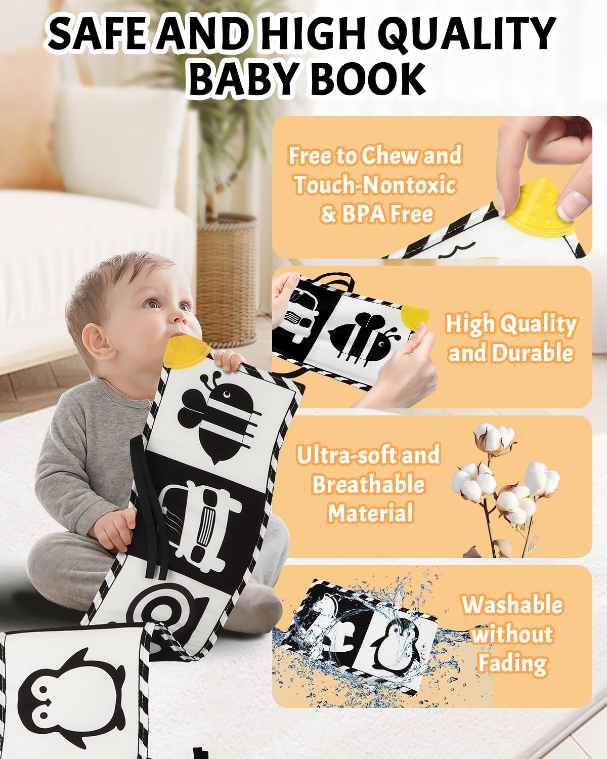 High Contrast Baby Toys, Black and White Newborn Toys for Brain Development, Soft Baby Books, Infant Sensory 0-6-12 Months, Tummy Time Toy, Visual Stimulation Montessori Gift