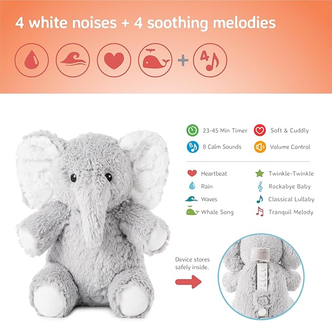 Cloud b Sound Machine with White Noise Soothing Sounds | Cuddly Stuffed Animal | Adjustable Settings and Auto-Shutoff | Ideal for Travel | Elliot Elephant On The Go