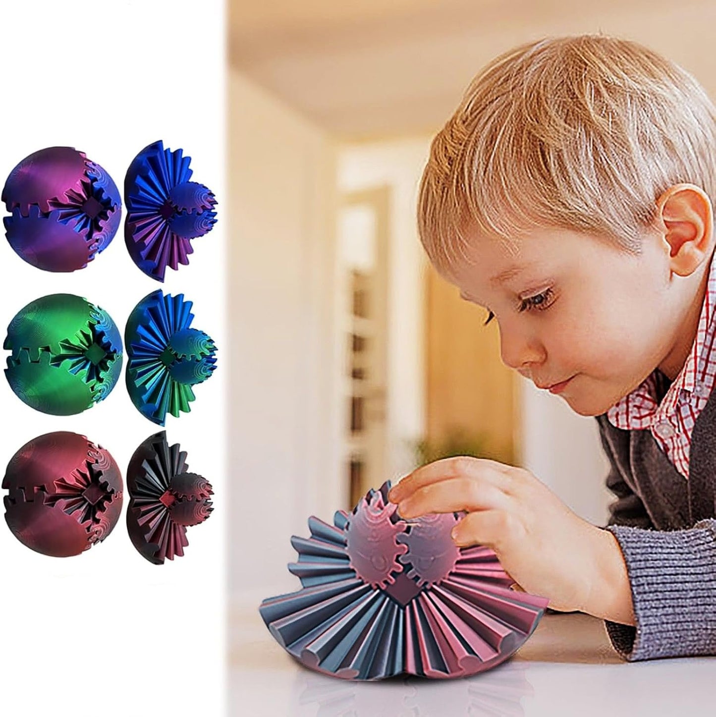 Gear Ball,Gear Sphere,3D Printed Gear Ball Gearsphere Gear Ball for Stress and Anxiety Relaxing Fidget Ball,3D Printed Work Fidget Toy,Activity Gear Ball for Adults & Kids (Red+Blue)