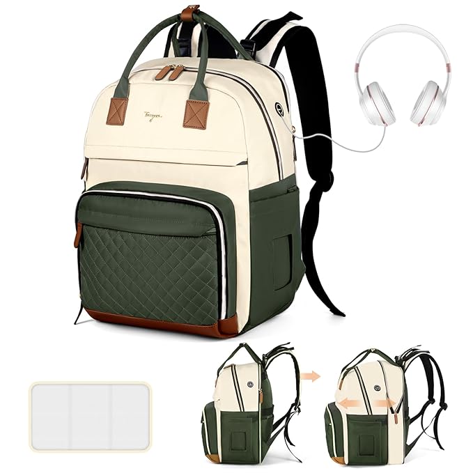 Diaper Bag Backpack - Extra Large Diaper Bag for 2 Kids Twin, Travel Baby Bags for Mom Dad 25-37L Expandable with Changing Pad Earphone Hole, Apricot Green