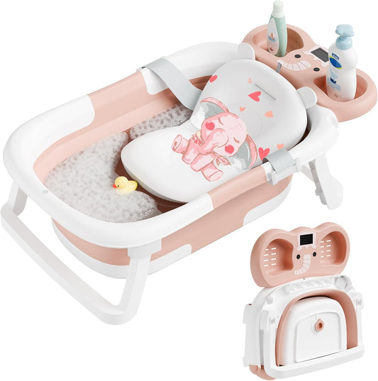 Collapsible Baby Bathtub,Baby Bath Tub with Soft Cushion & Thermometer,Baby Bathtub Newborn to Toddler 0-36 Months,Portable Travel Baby Tub