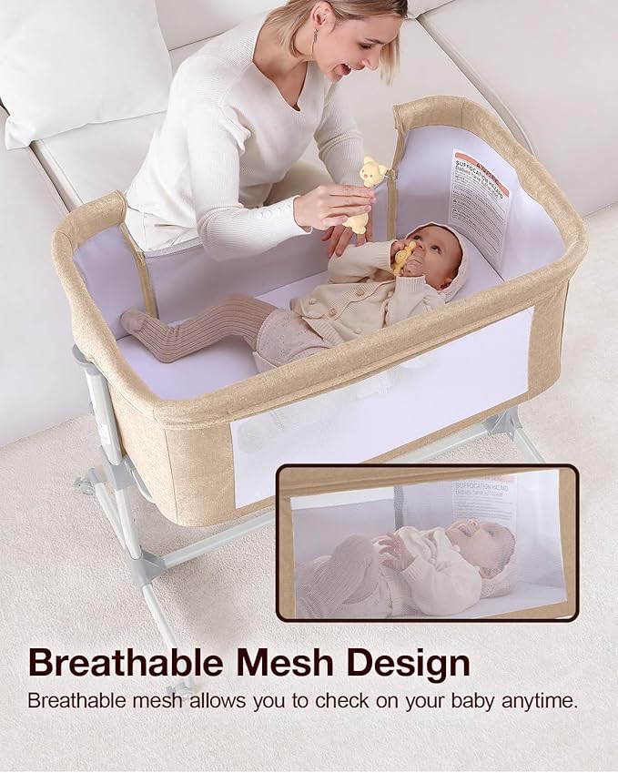 Larex Baby Bassinet, 3 in 1 Bassinets Bedside Sleeper for Newborn, Portable Crib Adjustable 7 Height Bedside Bassinet with Mattress and Wheels Khaki