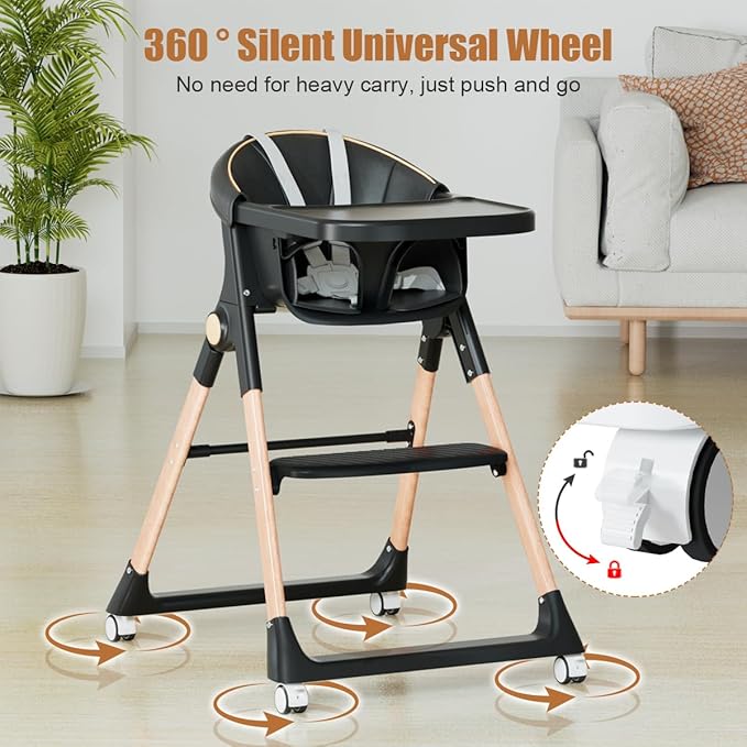 Baby High Chair, High Chairs for Babies and Toddlers, Convertible Folding High Chair with Removable Tray 5 Point Harness Footrest Detachable PU Cushion, Portable Highchair for Baby Toddlers