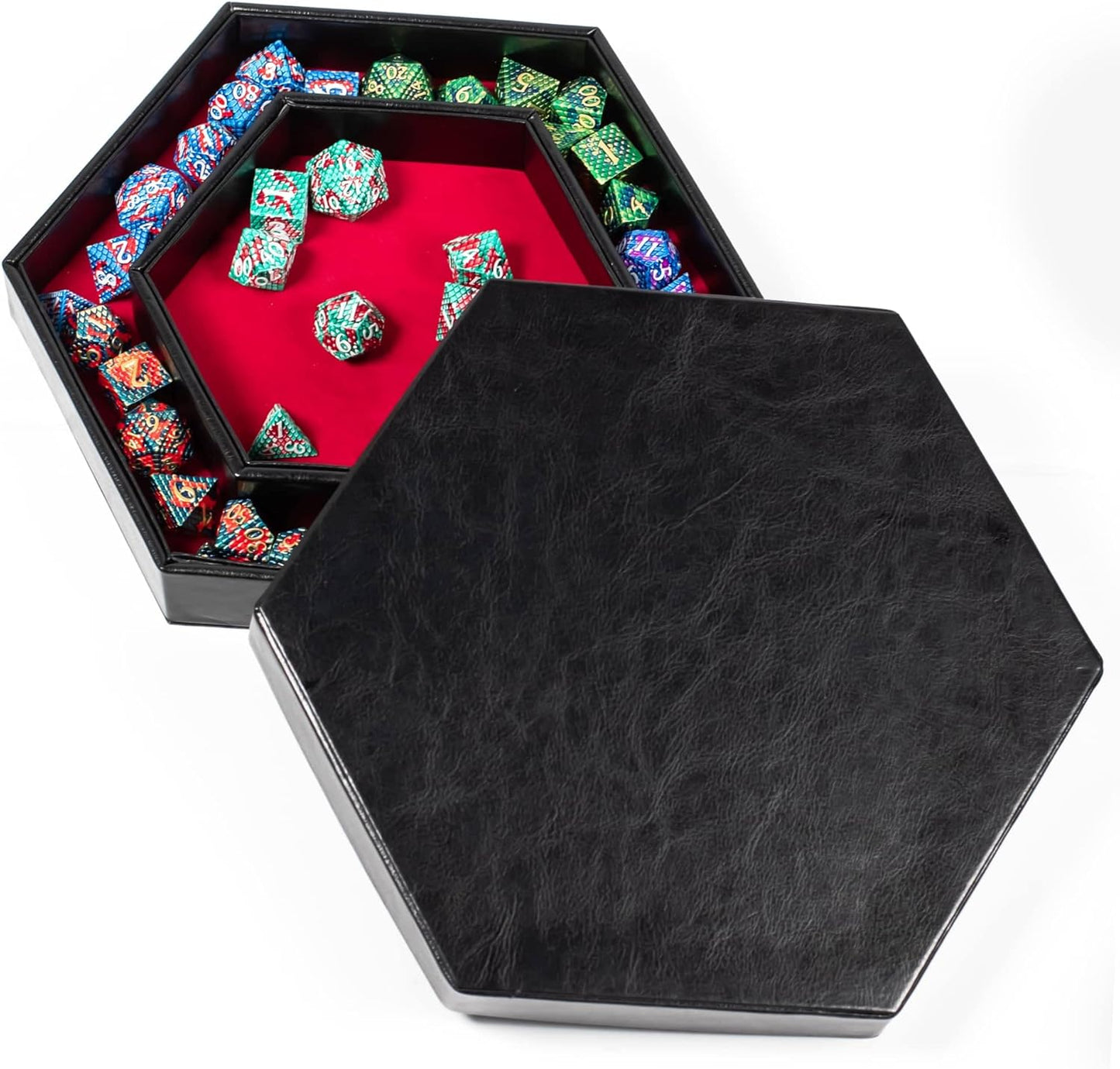 DND Dice Tray - 2 in 1 Hexagonal Rolling and Storage Tray, Faux Leather Material, Red Color, Compatible with D&D, MTG, Dice Arena