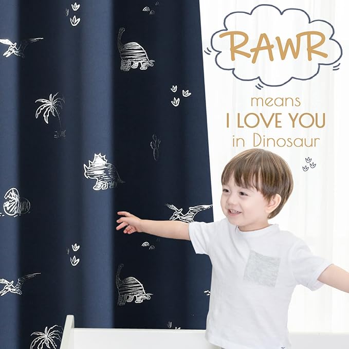 Vangao Kids Curtains Navy Blue Blackout Dinosaur Curtains for Boys Kids Nursery Girls Room Silver Dino Foil Print Thermal Insulated Drapes Grommet Top Window Treatments 84 Inches Length 2 Panels