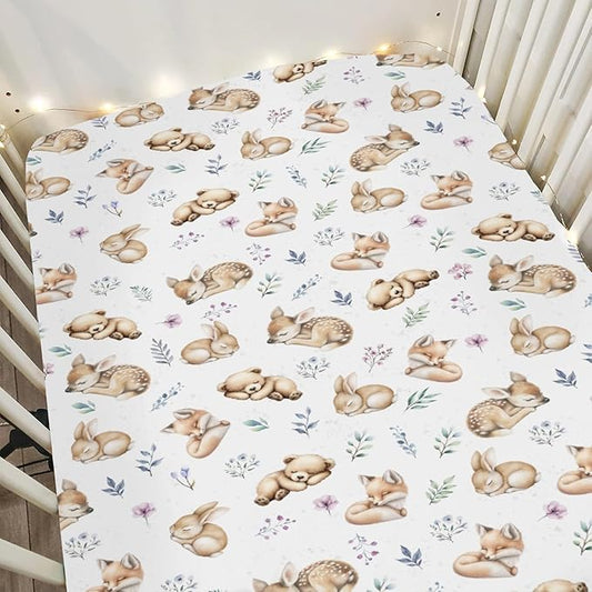 Sleeping Spring Animals Baby Crib Sheets Boy Girl 28"x52" Bear Deer Bunny Floral Leaves Soft Snug Fitted Crib Mattress Cover Cute Animals Baby Sheet for Standard Crib & Toddler Mattress