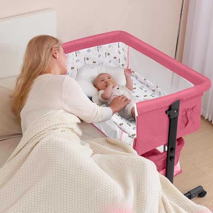 Baby Bassinet, Baby Basinet Bedside Sleeper, Easy to Fold Portable Crib Side Bassinet 2025new Style Girl/boy bassinets (Pink)