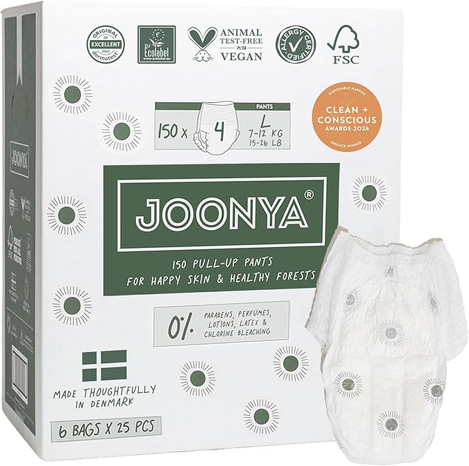Joonya Pull-Up Pants Baby Diapers, Size 4 L (15-26 lb) - 6 Bags of 25 (150) - NonToxic, Eco-Friendly, Ultra Slim, Overnight Use - Made in Denmark