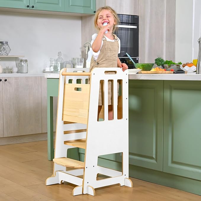 WINGYZ Toddler Kitchen Stool – Adjustable Helper Tower for Kids with Safety Rail, Wooden Standing Step-Up Stool, Sliding Door & Stable Base, White