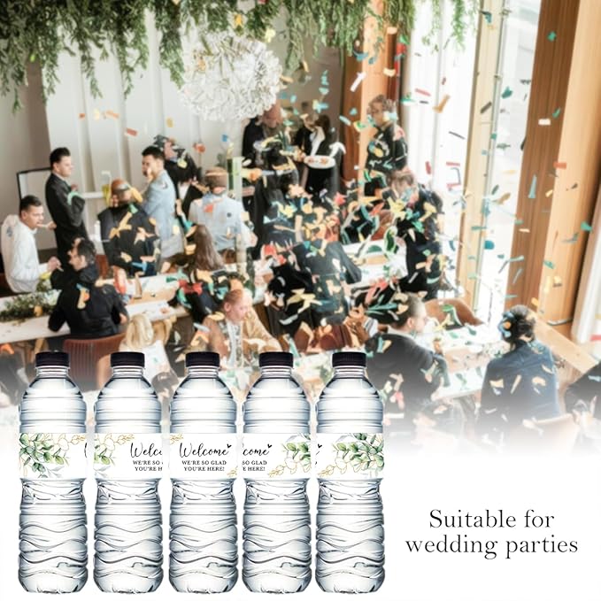 100PCS Wedding Water Bottle Labels Waterproof Greenery Floral Wraps Sticker for Water Bottle Baby Shower Bottle Label for Bridal Shower Party Welcome (Eucalyptus)