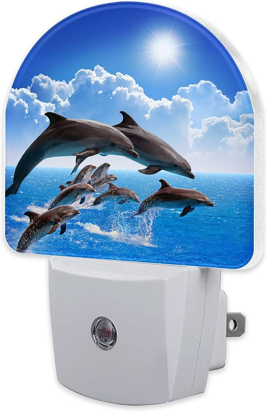 Jumping Dolphins Night Light Plug into Wall, Blue Sea and Bright Sky Dusk to Dawn Night Light Plug in,0.5w Energy Saving Sleep Friendly NightLight for Kids Boys Girls Home Decor