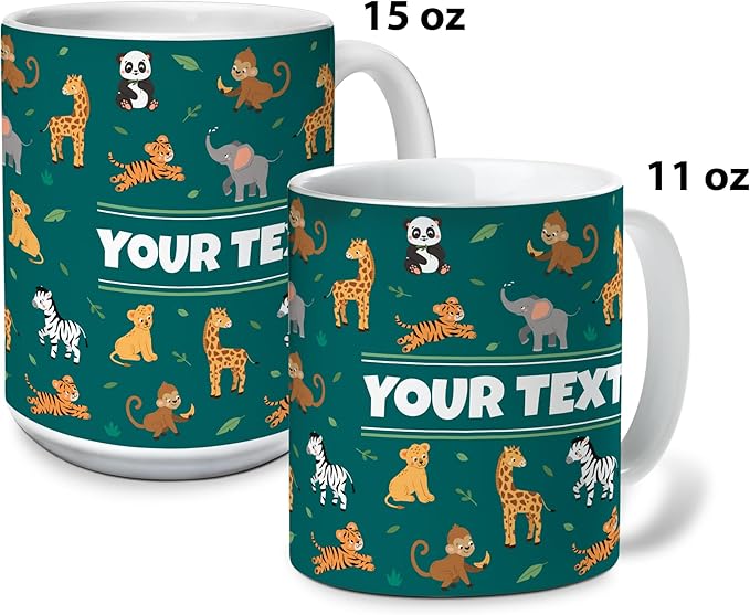 Personalized Mug for Kids - Zoo Animals - Custom Name/Text, Ceramic Hot Chocolate/Cocoa/Coffee Cup for Boys/Girls, Birthday/Christmas/Holiday Gift - 15 oz, White Handle