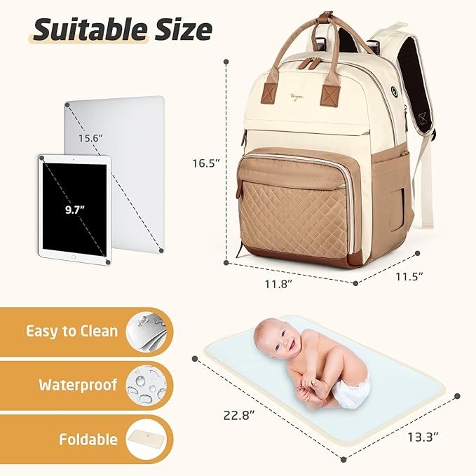 Diaper Bag Backpack - Extra Large Diaper Bag for 2 Kids Twin, Travel Baby Bags for Mom Dad 25-37L Expandable with Changing Pad Earphone Hole, Apricot Beige