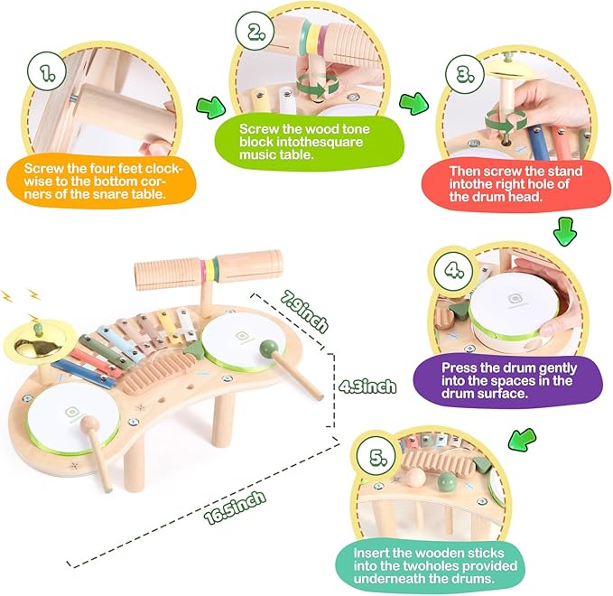 Asweets 7 in 1 Kids Drum Set for Toddlers Wooden Xylophone Musical Instruments Kit Play Set for Toddler Baby Drum Set Montessori Toys Sensory Toys Birthday Gifts for Girls Boys (Moon)