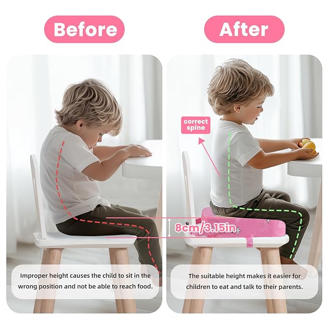 Toddler Booster Seat for Dining Table, Kids Booster Seat for Kitchen Chair with Non-Slip Bottom, Portable Detachable Washable Increasing Cushion with 2 Adjustable Straps (Princess)