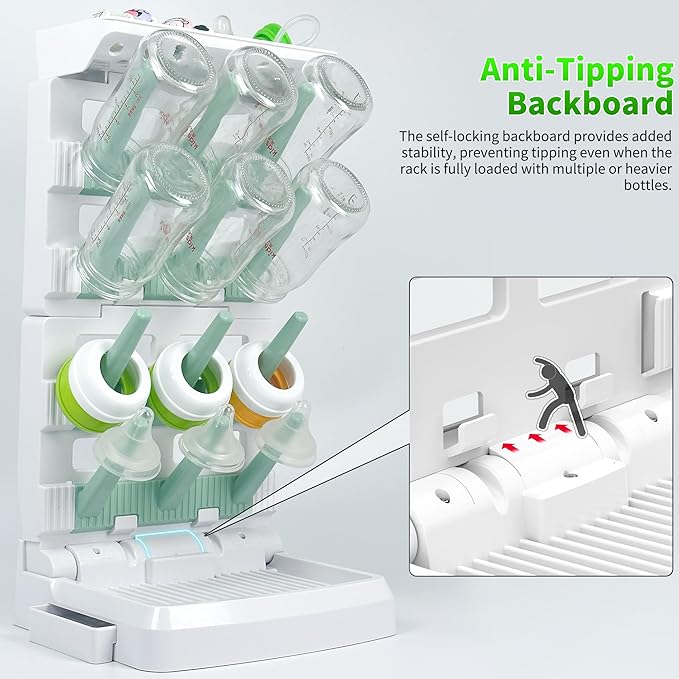 Baby Bottle Drying Rack for 12 Bottles, Space Saving Countertop Vertical Standing Bottle Dryer Rack for Baby Accessories & Pump Parts （Large White&Green）