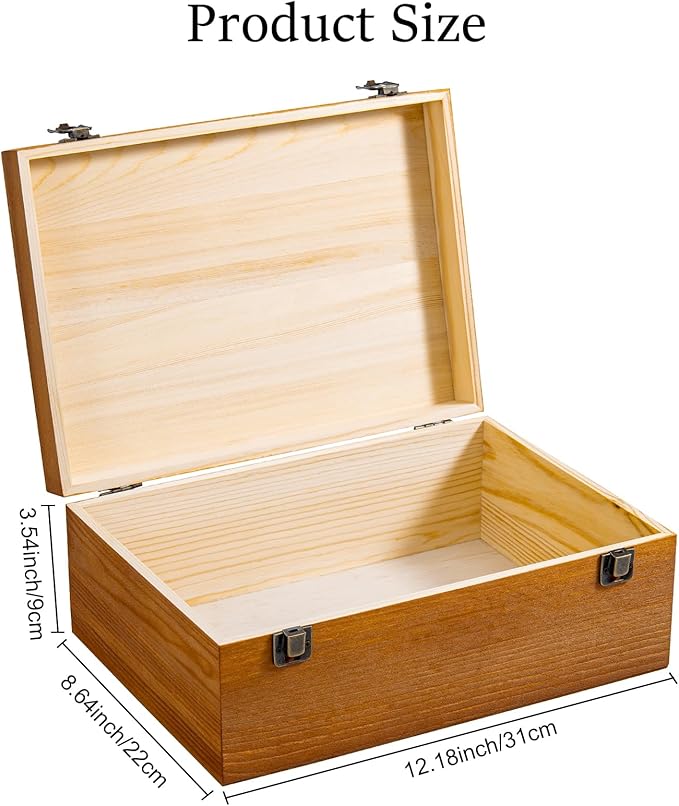 Vintage Wooden Storage Box, 12.18×8.64×4.71 Inch Small Wooden Box with Hinged Lid for DIY Art Hobby, Wood Keepsake Box Rectangular for Toys Jewelry Crafts Brown (12.18 * 8.64 * 4.71)