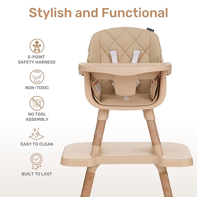 Dream On Me Luna 4-in-1 Convertible Baby High Chair in Beige, Transforms into Booster, Toddler Seat & Table Set, Adjustable and Removable Tray Portable High Chair