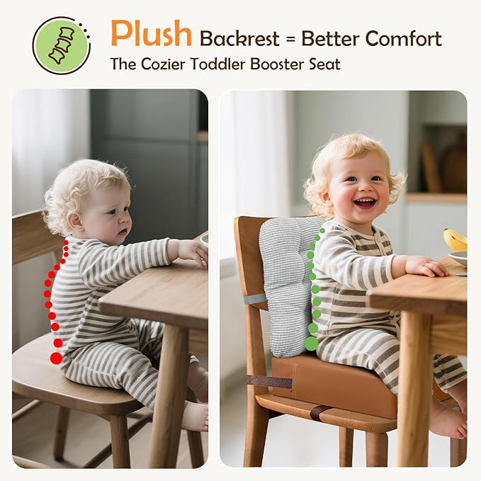 Booster Seat for Kitchen Chair with Comfy Backrest and Adjustable Safety Buckles,Non-Slip Kid Toddler Booster Seat for Dining Table,Portable PU Travel Baby Booster Increasing Cushion Chair