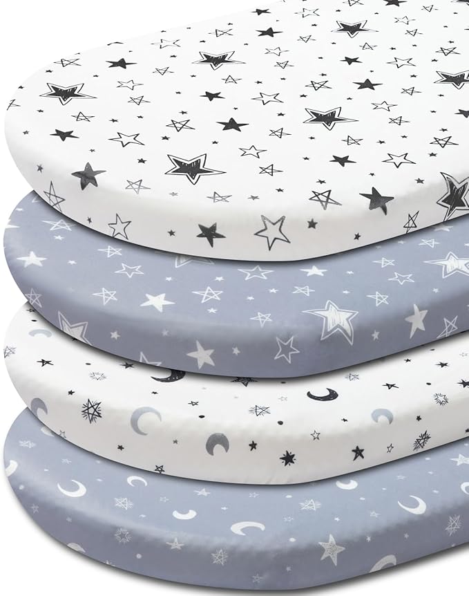 4 Pack Star and Moon Neutral Unisex Fitted Baby Sheets Set for Baby Boys or Girls (Bassinet Sheets)