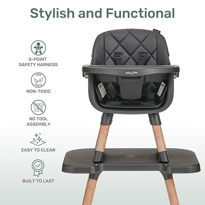 Dream On Me Luna 4-in-1 Convertible Baby High Chair in Black, Transforms into Booster, Toddler Seat & Table Set, Adjustable and Removable Tray Portable High Chair
