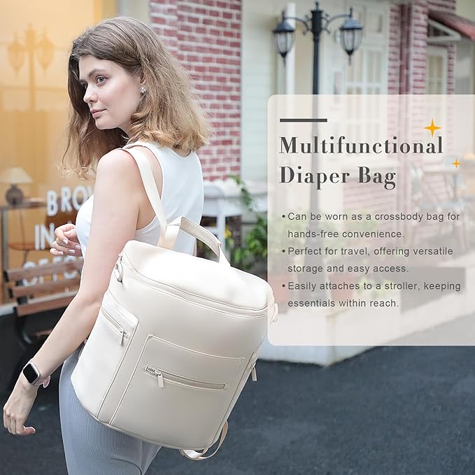 miss fong Neoprene Diaper Bag - Baby Diaper Bag,Large Capacity Neoprene Backpack with Changing Pad Travel Diaper Backpack Tote Backpack with 16 Pockets for Mom & Dad-Beige