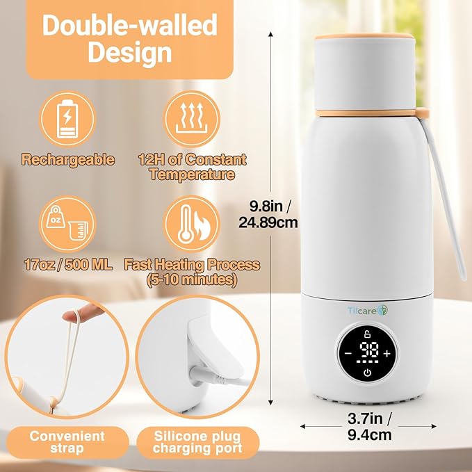 Portable Bottle Warmer for Travel - Fast Heat Travel Bottle Warmer for Breastmilk, USB Calentador De Biberones on The Go17oz 12H Baby Bottle Milk Warmer - Wireless Car Bottle Water Warmer, Orange