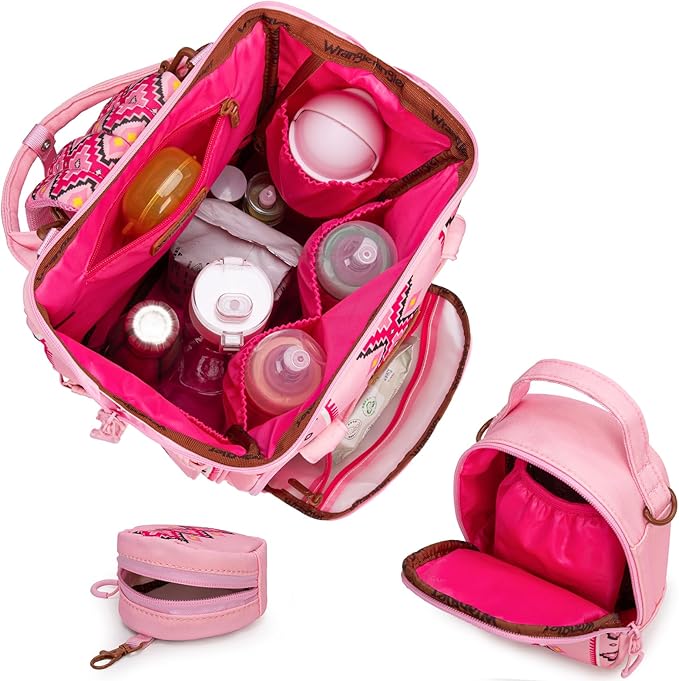 Montana West Wrangler Callie Diaper Bag Backpack with Pacifier Case, Crossbody Bottle Bag and Stroller Straps Western Pattern Multifunction Baby Travel Bag Set WG2215-9110PK