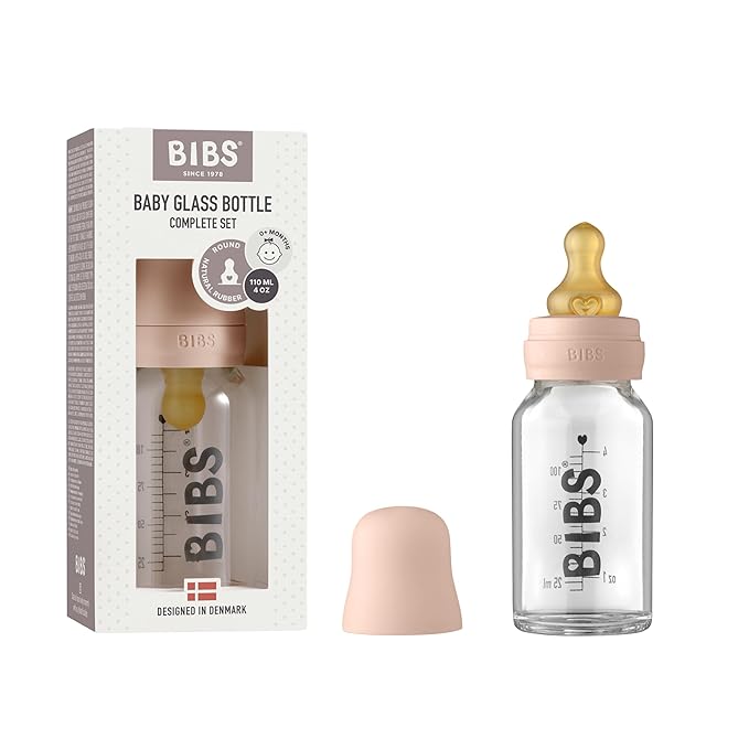 BIBS Baby Glass Bottle Complete Set 110 ml | BPA Free Natural Rubber | Made in Denmark | Blush