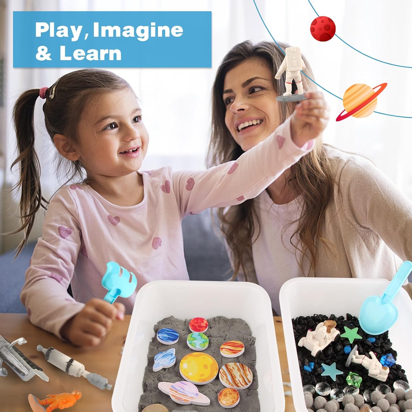 Space Themed Toys Sensory Bin Filler,Planet Toys for Kids, Universe Solar System Toys for Autistic Children, Space Astronauts Sensory Toys for Toddlers with 9 Planets, Sand, 3 Tools and More