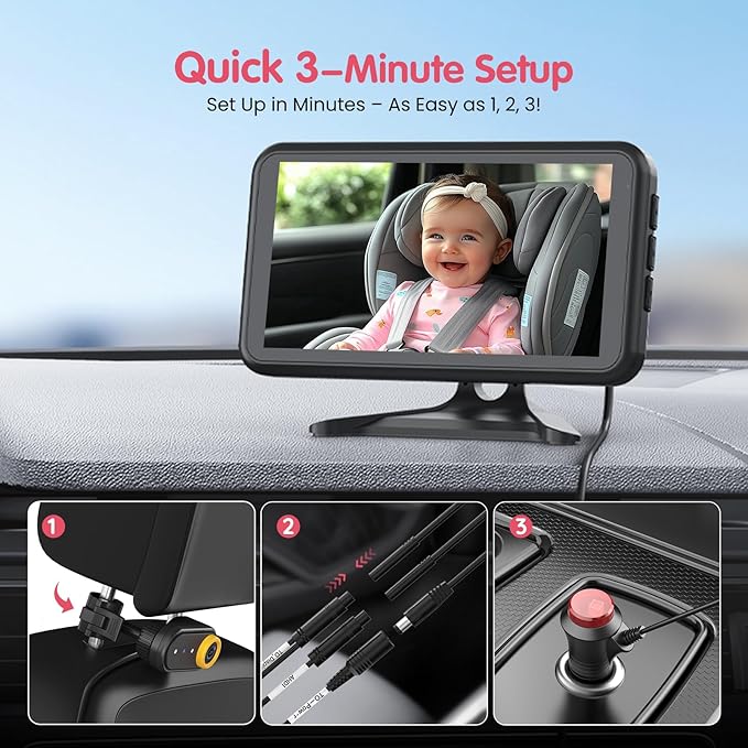 LUKVIEW BM2A Car Camera Baby Monitor, 5.2" 1080P HD Screen with 3X Zoom & IR Night Vision, Baby Car Camera for Rear Facing Seats, Easy Install for Girls, Parents and Pet Lovers