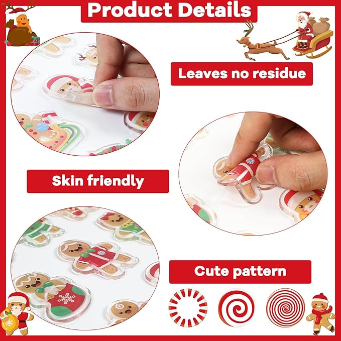 20 PCS Christmas Thick Gel Clings Gingerbread Man Window Decorations Xmas Window Clings Decals Yule Party Decor for Kids Toddlers Home Airplane Festive Season Holiday Party Home Classroom Nursery