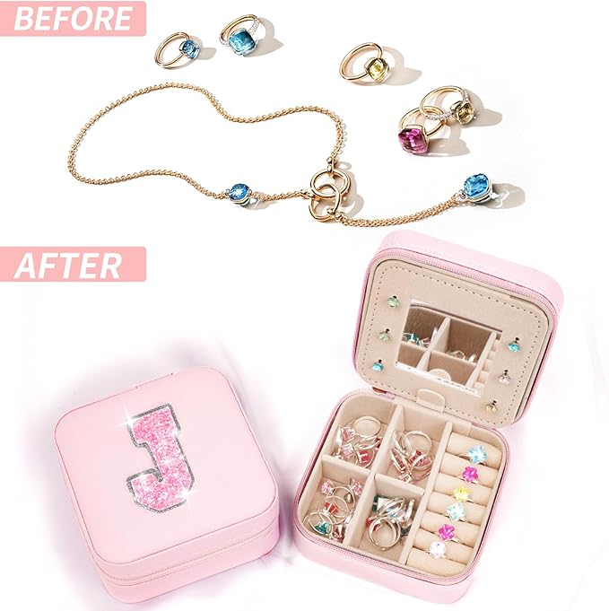 Travel Jewelry Case - Personalized Jewelry Box for Women,Small Jewelry Organizer Cute Jewelry Organizers and Storage Aesthetic,Travel Essentials Birthday Gifts for Girls Women | Pink,J