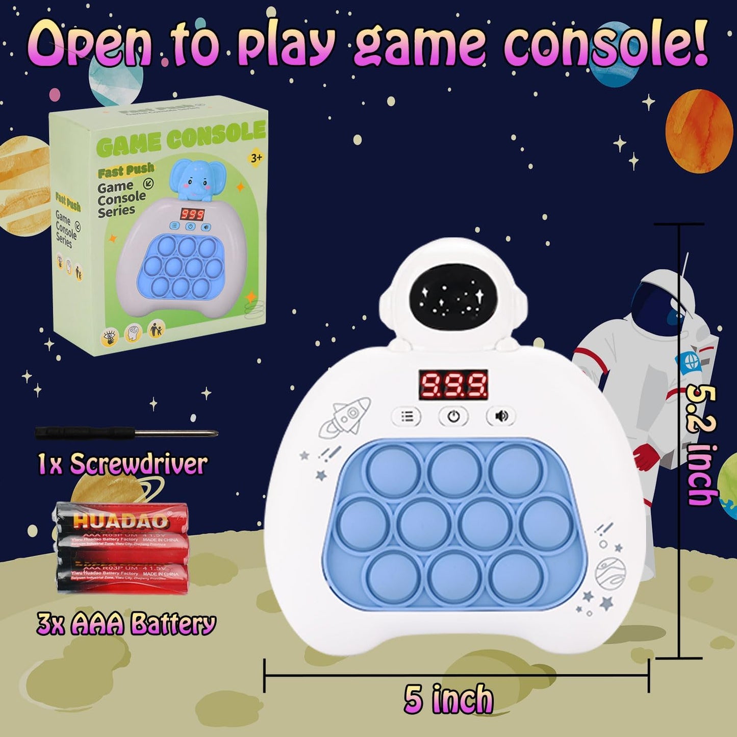 Quick Push Console Game, Pop Game Light up Fidget Toy, Handheld Puzzle Game Fast Push Bubble Game with Game Clearance Screen for Kids Teens Adults (Astronaut)