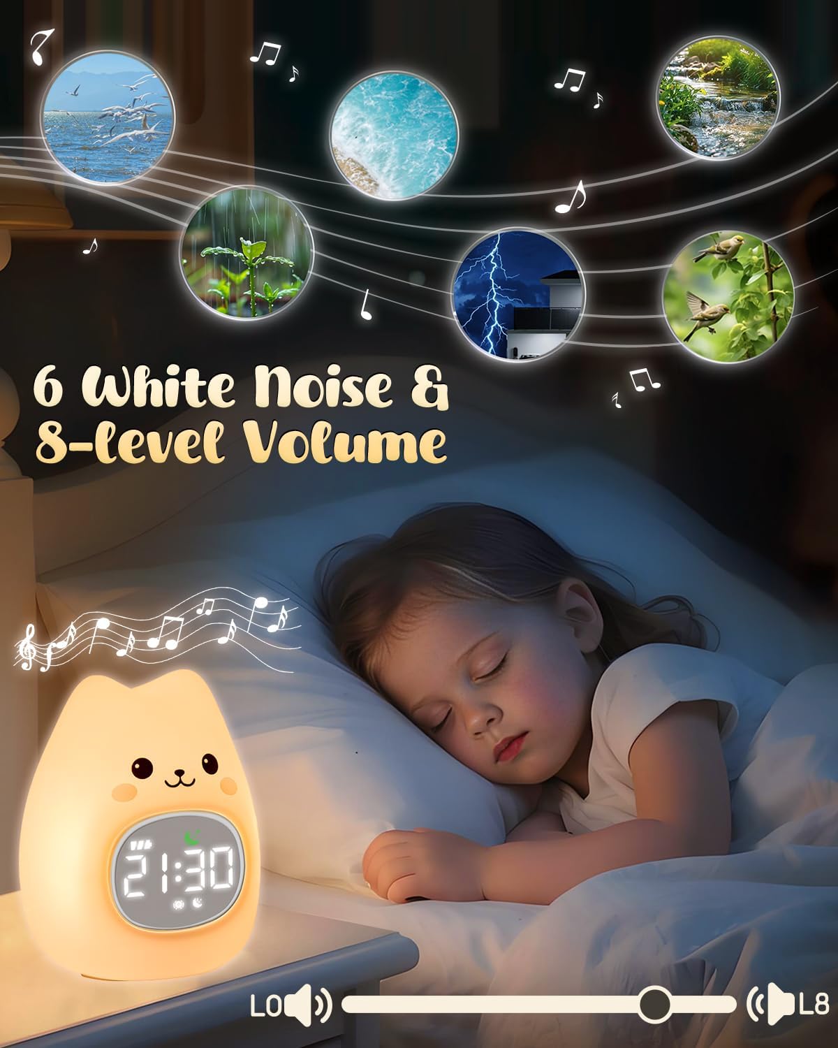 Cat Alarm Clock for Kids with Night Light, Sleep Training Clock Time to Wake Clock, Rechargeable Silicone Light for Bedroom, Perfect Sleep Companion for Boys Girls