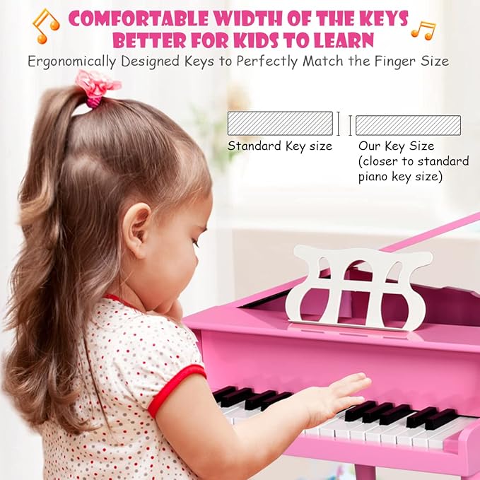 HONEY JOY Classical Kids Piano, 30-Key Mini Grand Piano with Music Stand and Bench, Wooden Musical Instrument Toy w/Lid & Music Rack, Gift for Boys Girls Ages 3+ (Pink)