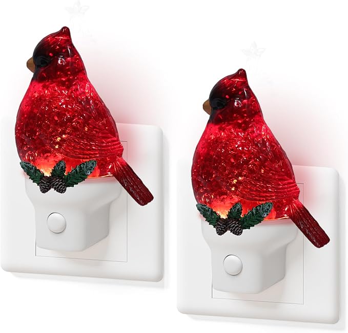 2 Pack Christmas Cardinal Night Light Plug into Wall Glitter Water Nightlight with USB/Outlet Options, Christmas Decorative Nightlight for Bedroom Kitchen Nursery Holiday Decorations Gifts (Cardinal)