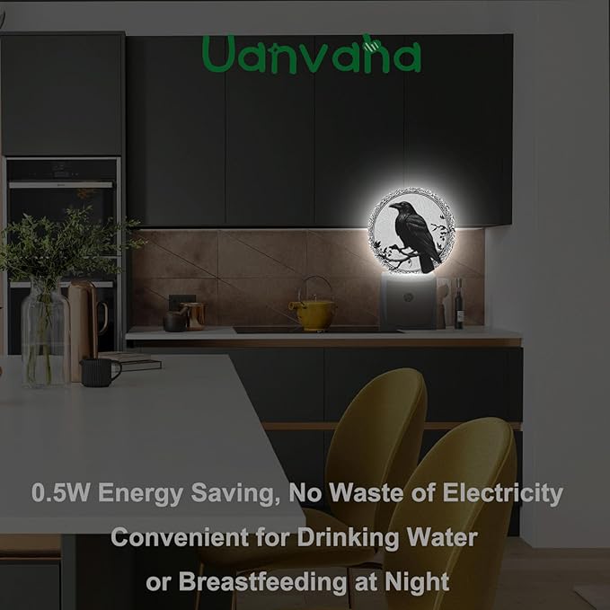 Black Crow on Oak Tree Branch Night Lights Plug into Wall Halloween Night Light Dusk to Dawn Sensor for Bedroom Living Room, LED Lighting 0.5W Sleep Friendly