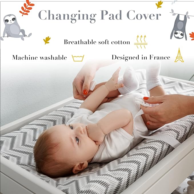 100% Cotton Changing Pad Cover for Baby Boys and Girls, Chevron - Breathable Bassinet, Mini Crib Mattress Fitted Sheets - Little Sloth, 32"x16" with 8" Deep Pocket, White-Grey, 2 Pack
