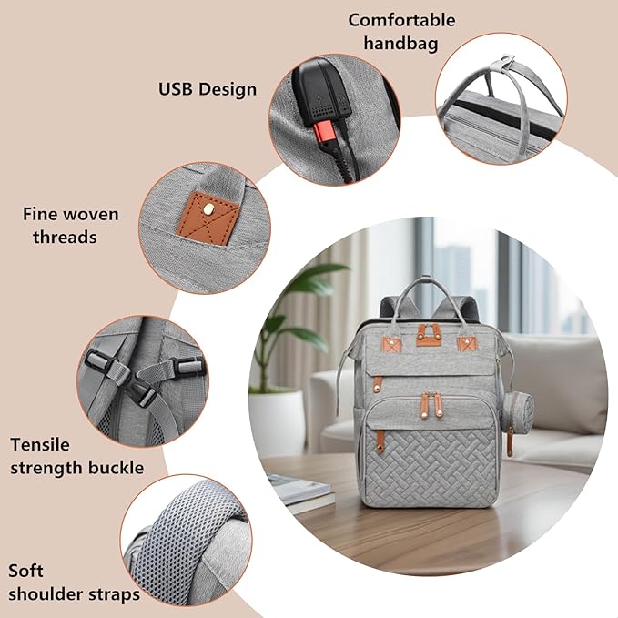 Baby Diaper Bag Backpack with Changing Station, Waterproof Large Capacity Baby Bag with USB Charging Port, Lightweight Travel Backpack Diaper Bag with Portable Crib - Grey